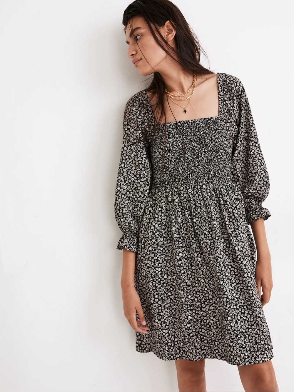 Madewell Lucie Elbow-Sleeve Smocked Mini Dress in Parisian Ditsy